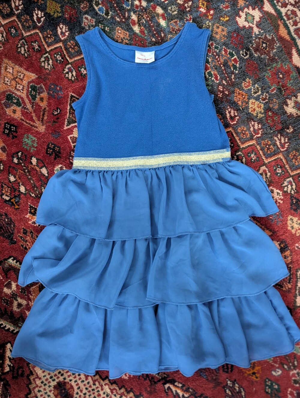 Hanna Andersson 130 cm US8 Blue Tiered Ruffle Girls' Dress with Silver Waistband